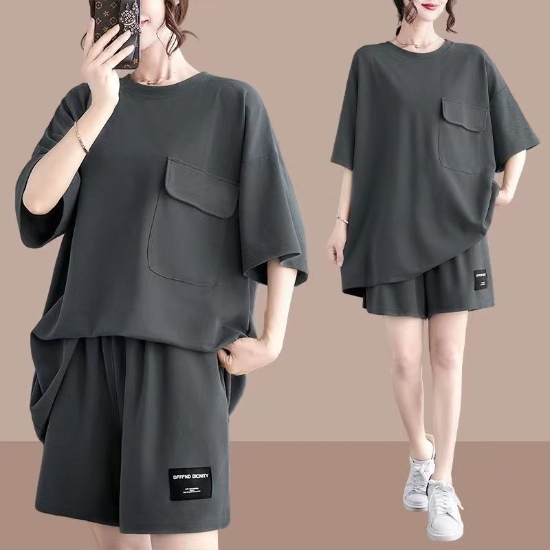 大尺碼素色短袖短褲兩件套 寬鬆顯瘦休閒家居套裝