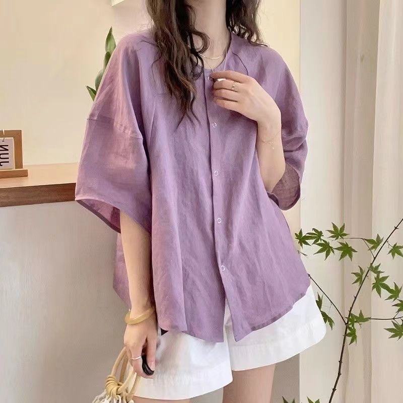 韓系簡約風素面寬鬆短袖襯衫 百搭顯瘦上衣