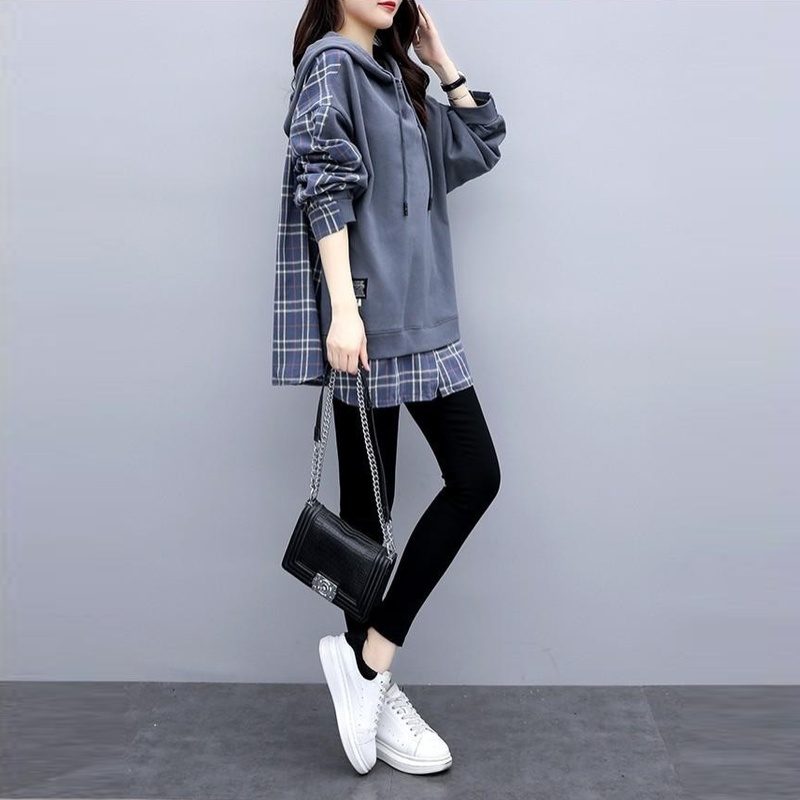 雙層設計薄款連帽上衣 格紋秋季韓版寬鬆大尺碼女裝
