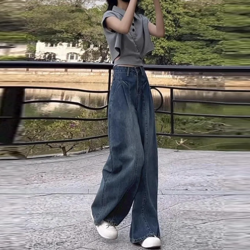 藍色港風復古牛仔寬褲 寬鬆直筒 垂墜感拖地長褲 顯瘦