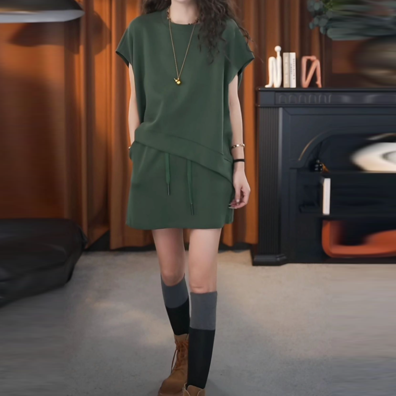 休閒寬鬆兩件式套裝 高腰A字短裙組