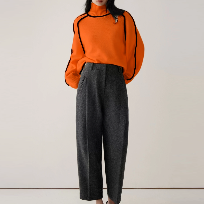 高領插肩針織毛衣 法式感燈籠袖 滾邊設計 寬鬆版型