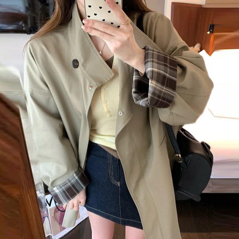 拼色英倫風長版風衣外套 寬版顯瘦 挺版設計 高級感經典款