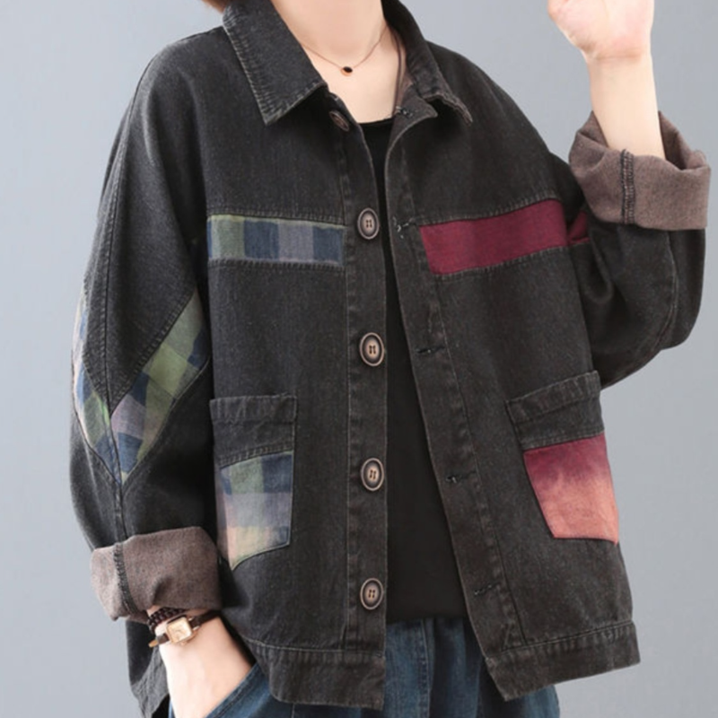復古拼布丹寧外套 大尺碼寬鬆 厚質保暖