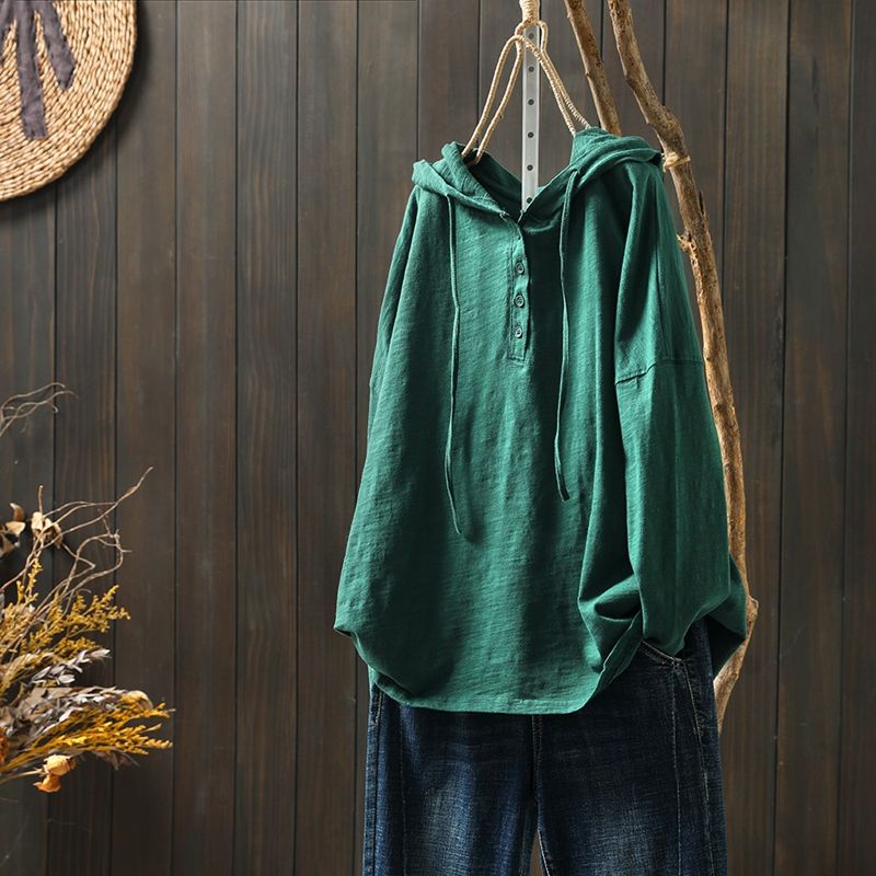 竹節棉連帽TEE文藝復古 長袖春裝新款寬鬆大版型遮肉上衣