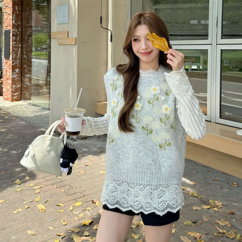 【單品可選】韓系提花針織背心+蕾絲拼接上衣 秋季寬鬆慵懶風背心 花卉刺繡設計