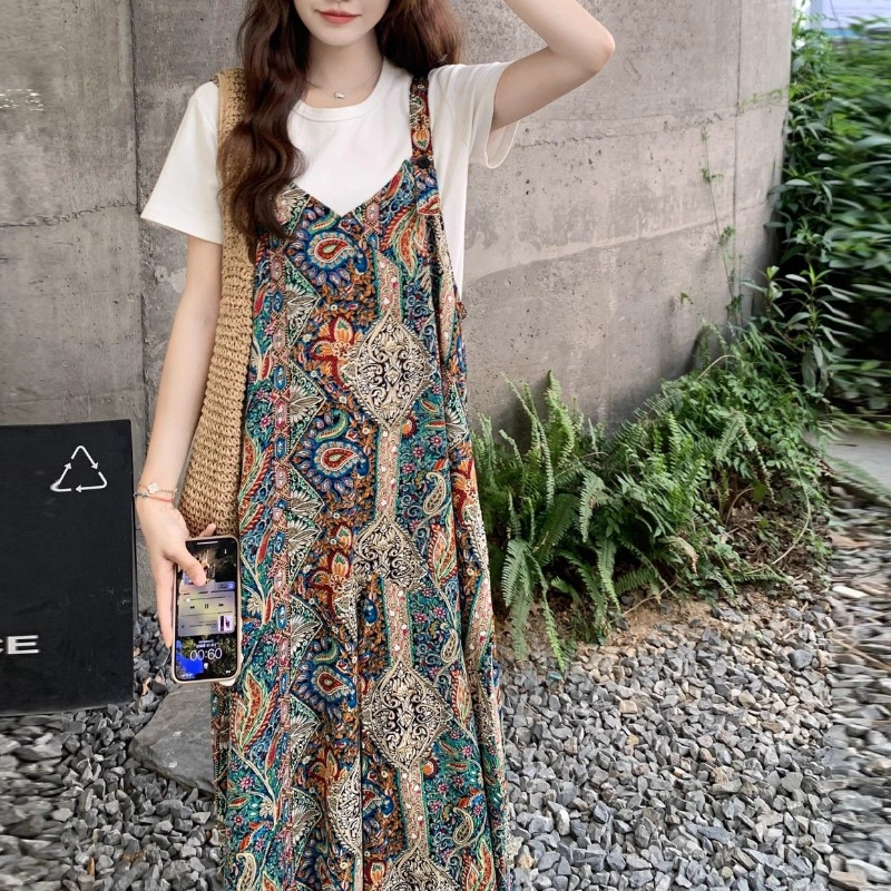 波西米亞拼接印花連身寬褲 復古百搭背帶式寬褲設計款