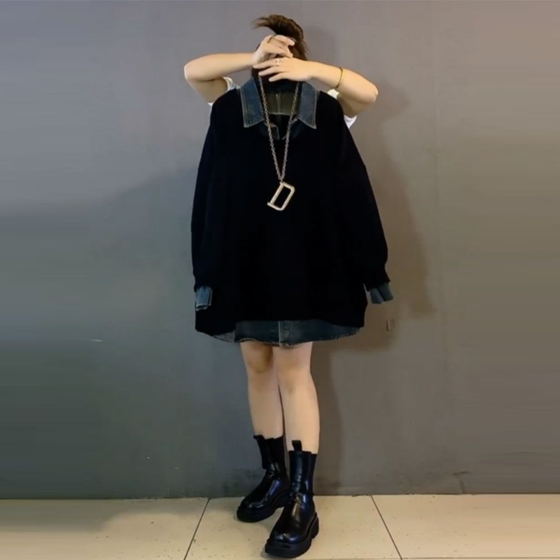 大尺碼牛仔領拼接大學T 休閒寬版POLO領上衣 遮肉顯瘦