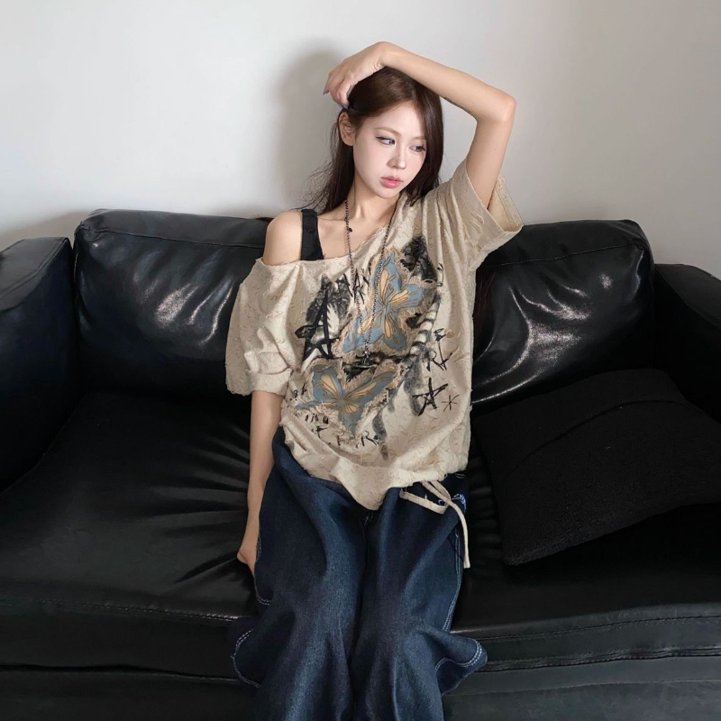 美式復古蝴蝶印花寬鬆長版T恤 個性設計感 休閒百搭上衣