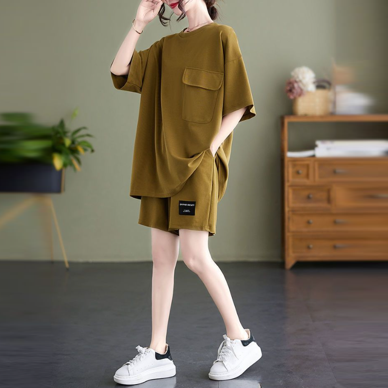 大尺碼素色短袖短褲兩件套 寬鬆顯瘦休閒家居套裝