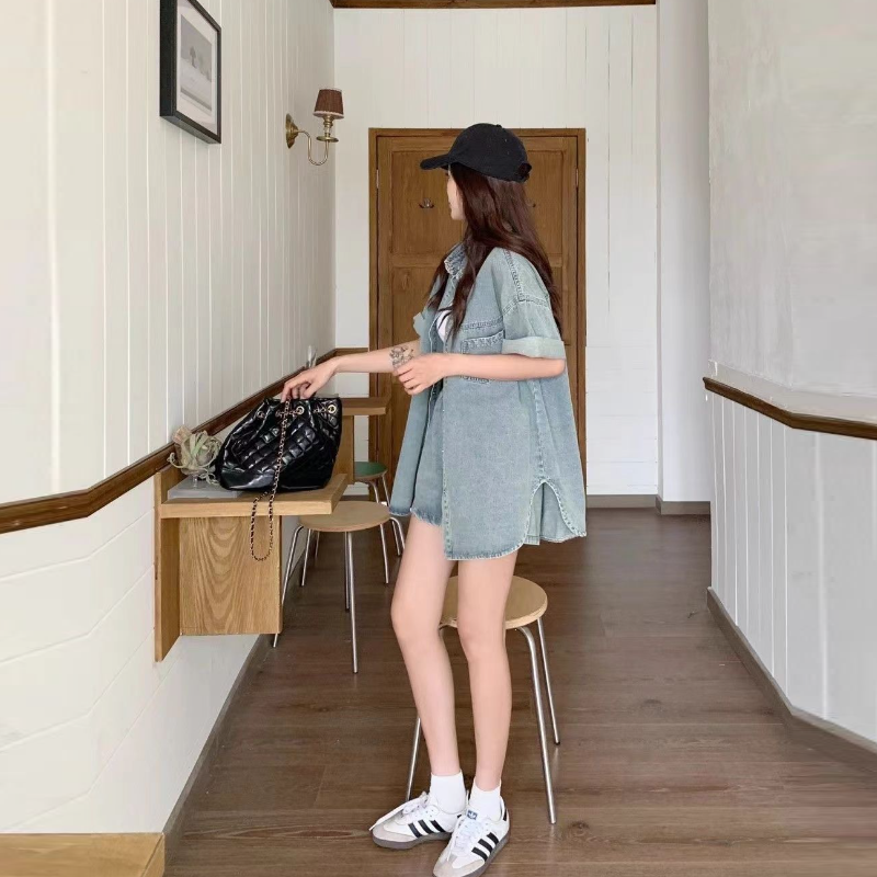 水洗彈力牛仔套裝 復古風可拆式牛仔兩件套 休閒短袖襯衫+寬鬆短褲