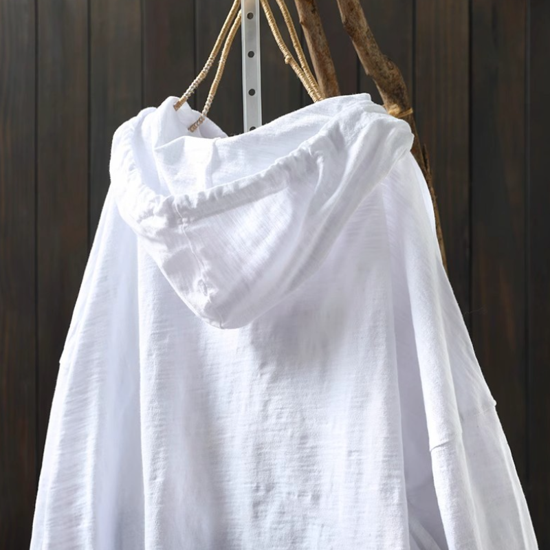 竹節棉連帽TEE文藝復古 長袖春裝新款寬鬆大版型遮肉上衣