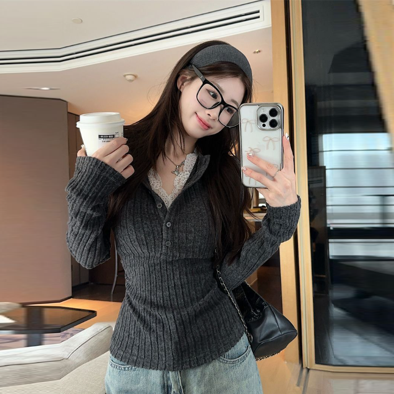 假兩件蕾絲拼接針織上衣 坑條羅紋 秋冬收腰修身長袖打底款