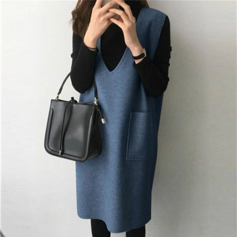 7色毛呢料背心 中長款素色寬鬆無袖連身裙