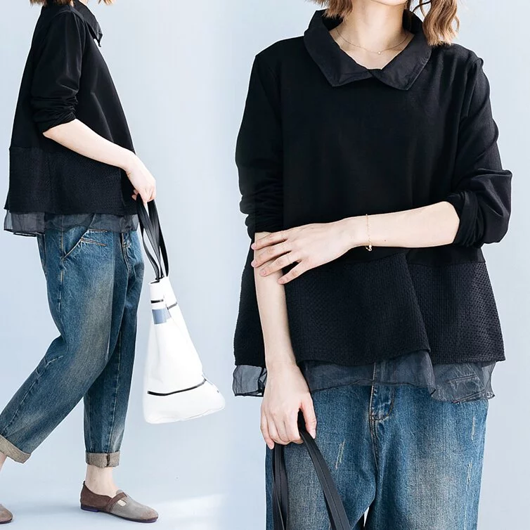 簡約．拼接蕾絲長袖上衣 寬鬆套頭襯衫