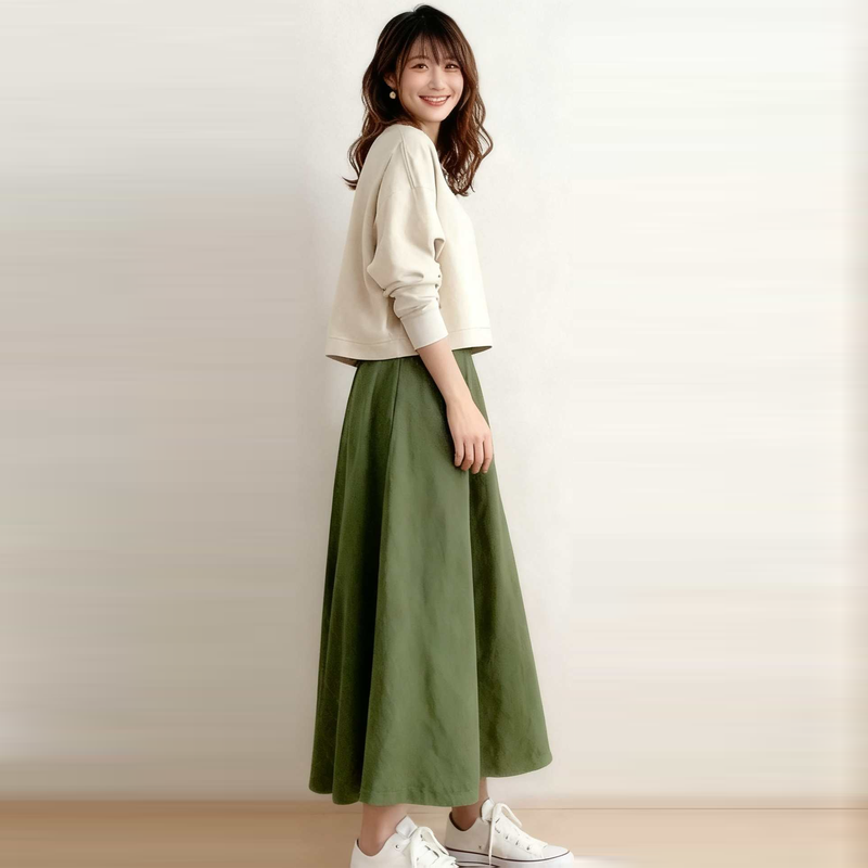 圓領長袖上衣×高腰中長裙 套装兩件式 春秋新款 清新顯瘦