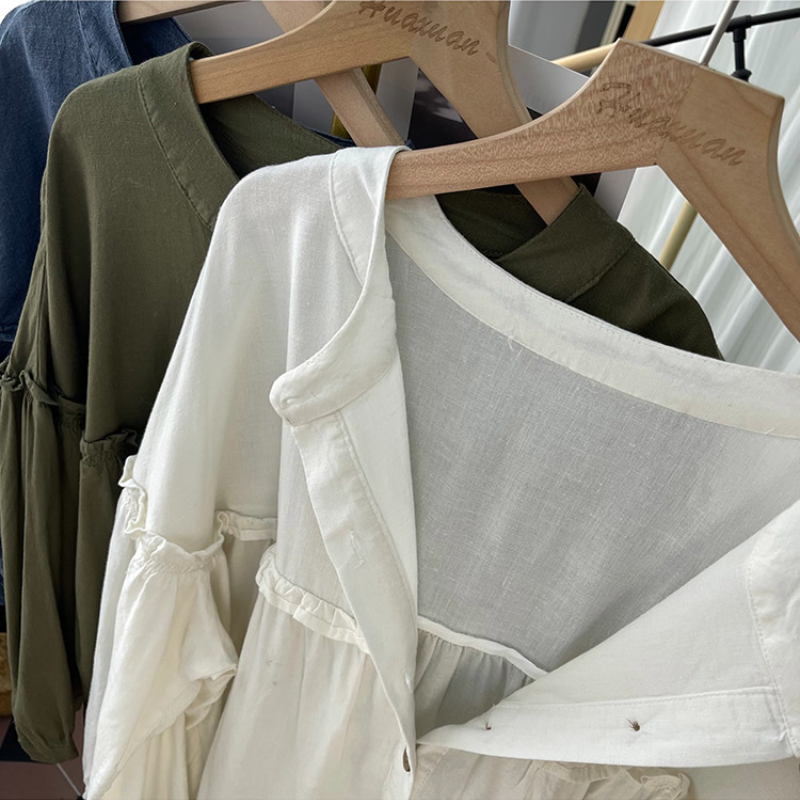 純棉燈籠袖襯衫 圓領排釦 荷葉邊拼接 寬鬆復古感