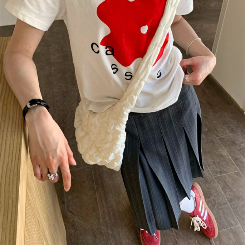 條紋百褶A字裙 高腰顯瘦 中長裙 韓系百搭