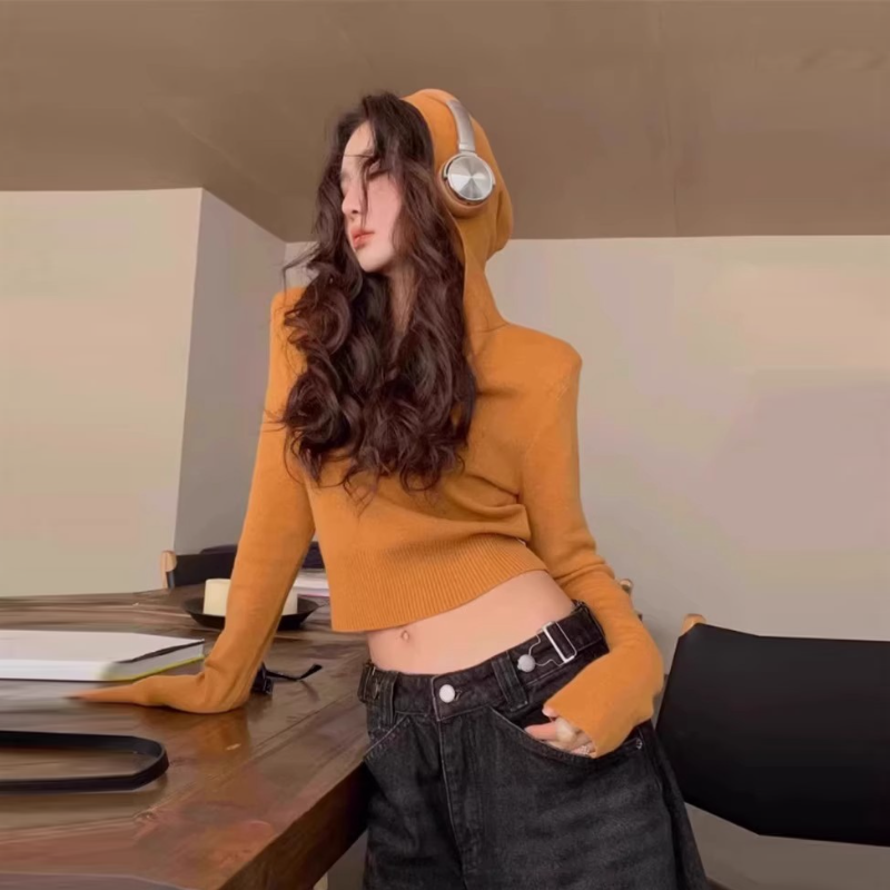 連帽針織短版上衣 5色修身 收腰顯瘦 長袖毛衣 秋季甜辣風