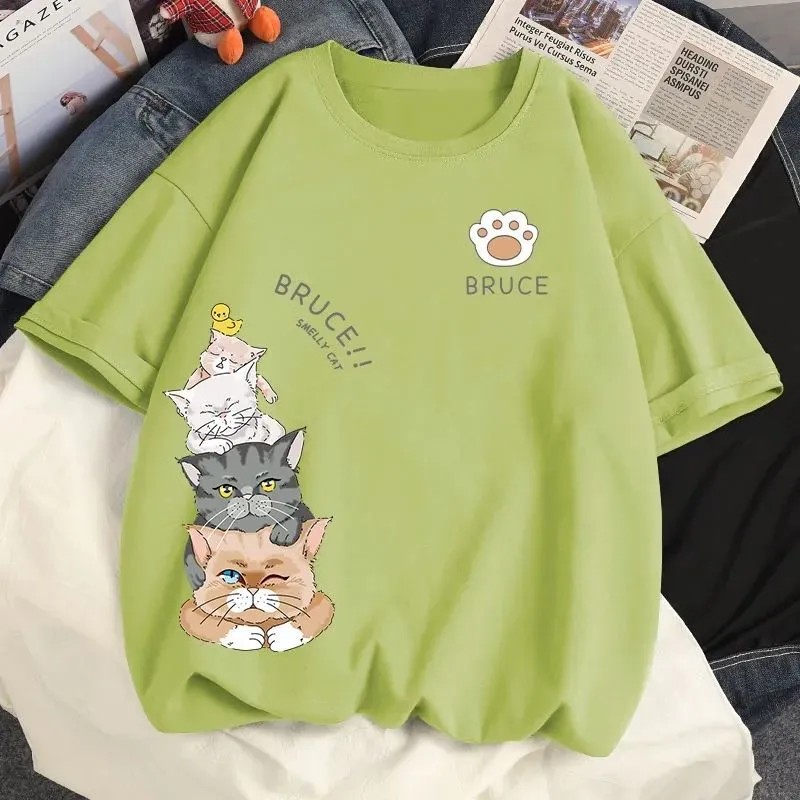 純棉萌貓印花短袖上衣-夏季寬鬆好搭 輕鬆休閒風