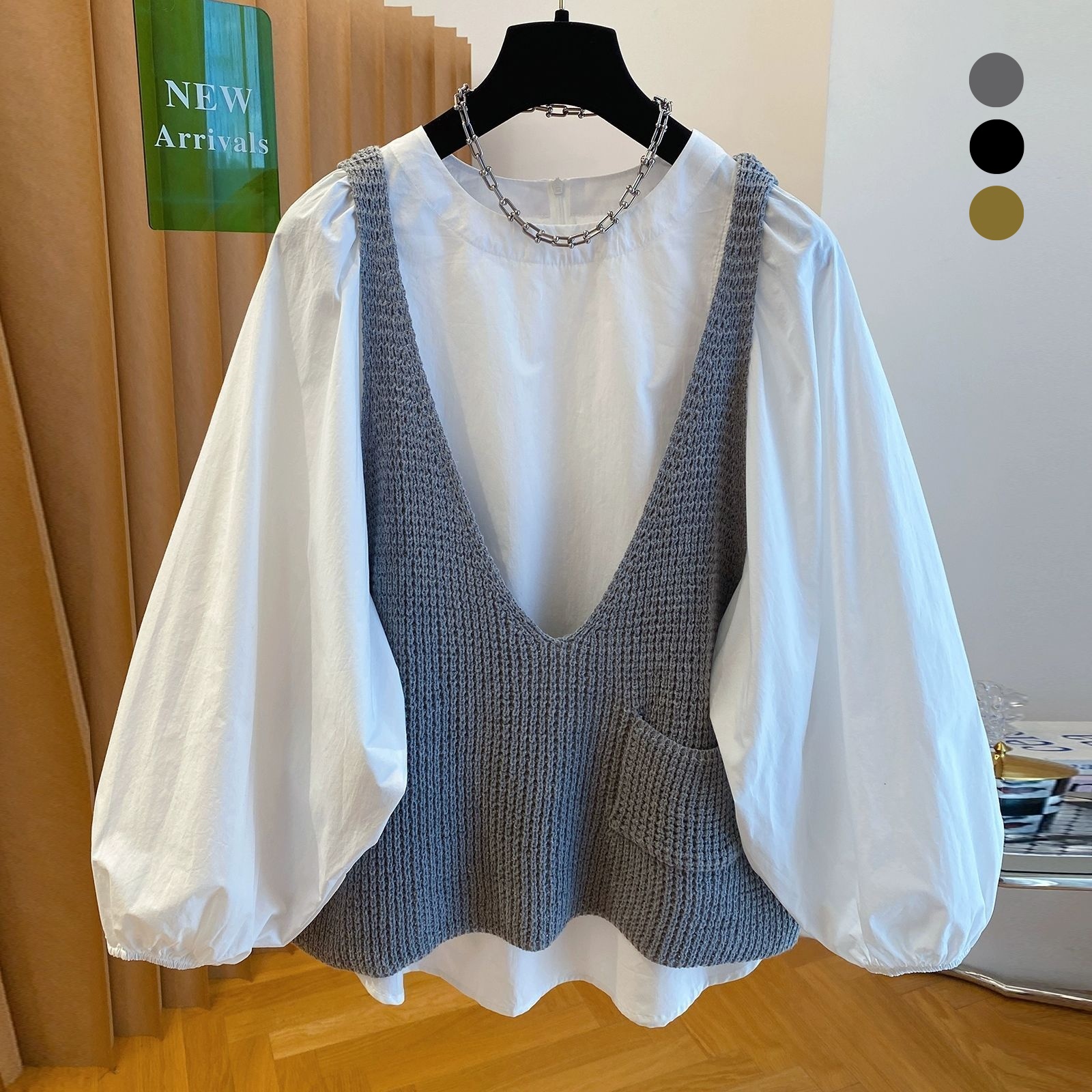 針織背心＋白襯衫 韓系兩件式套裝 清新簡約 秋季百搭（大尺碼友善）