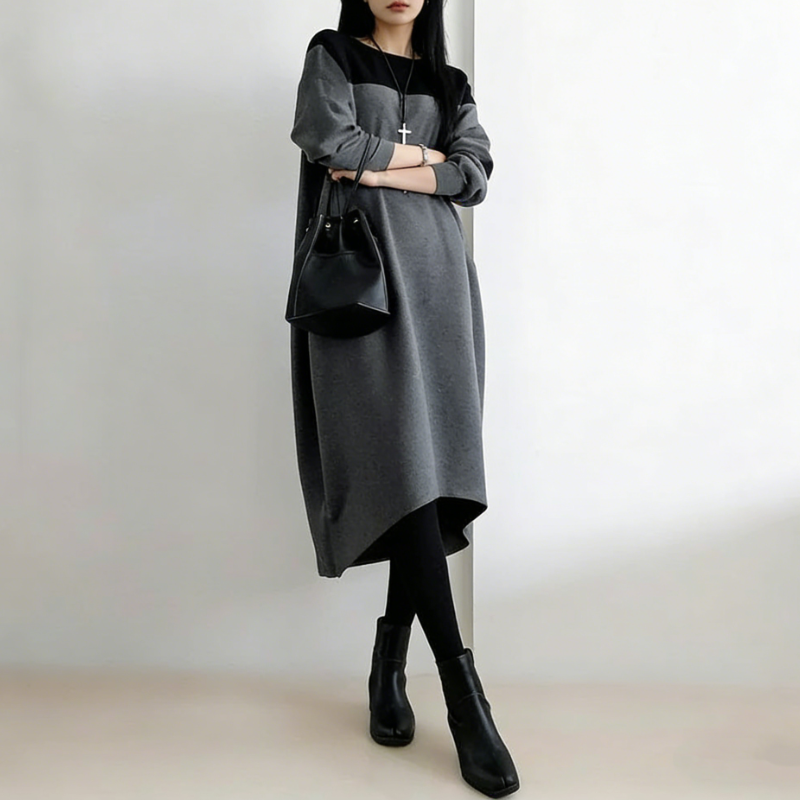 撞色拼接長版洋裝 寬鬆剪裁 圓領設計 秋冬耐看百搭