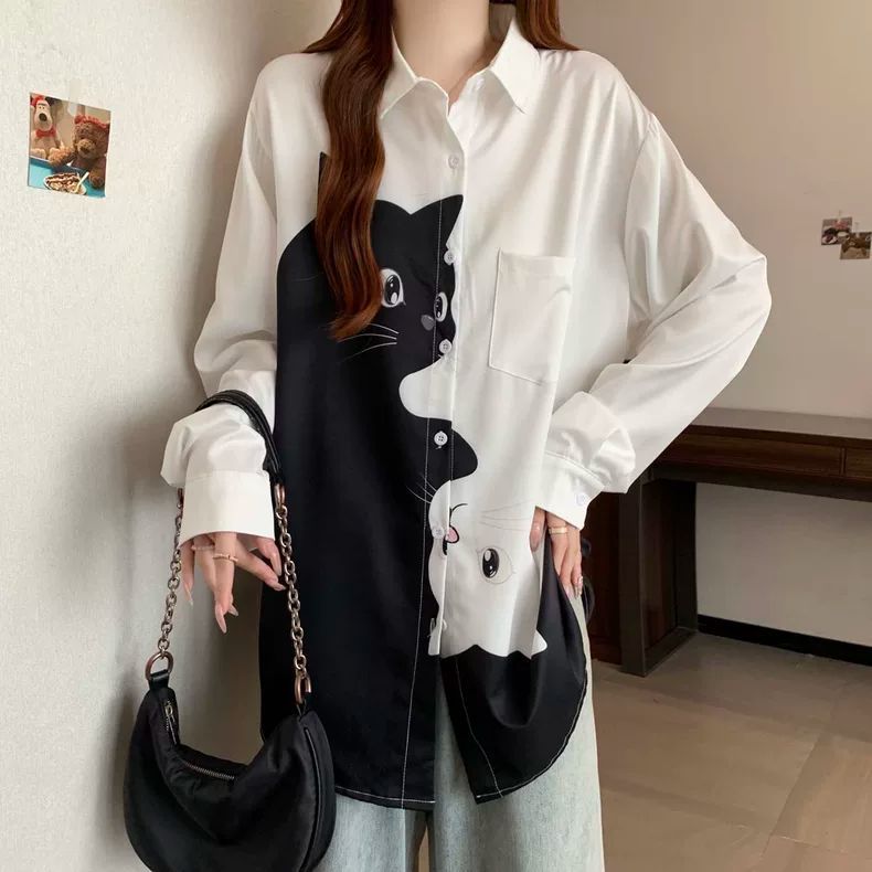 大尺碼貓咪印花襯衫 長袖寬鬆版 顯瘦遮肉（黑/白）