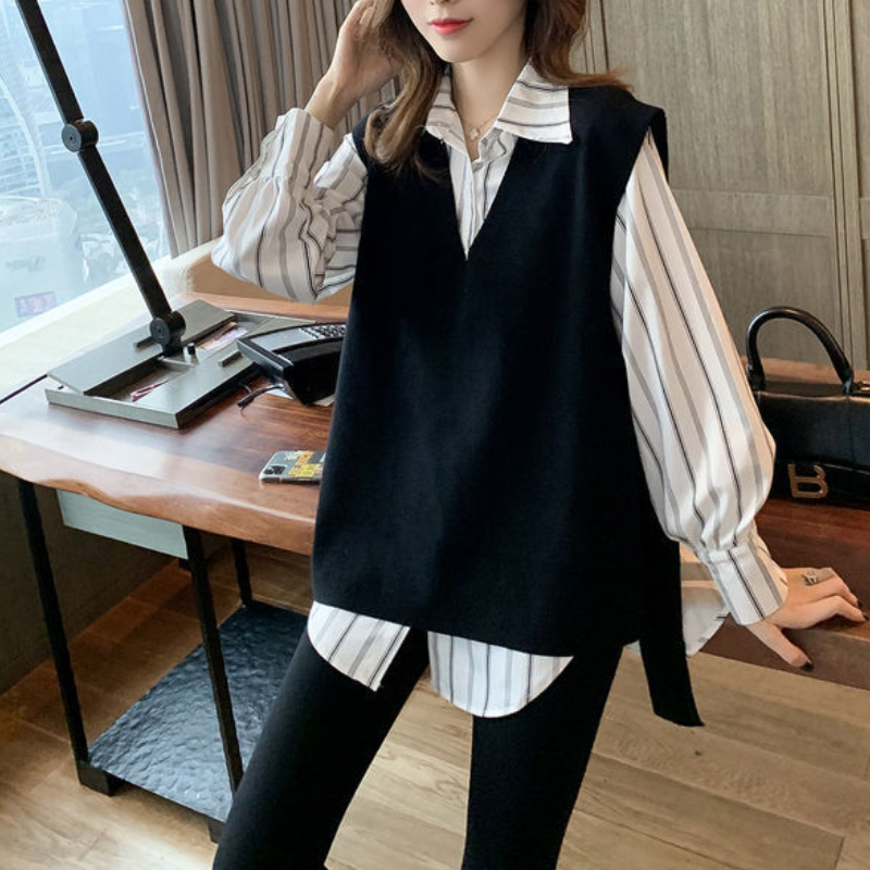 韓系 ‧ 條紋襯衫上衣+黑色針織背心兩件套