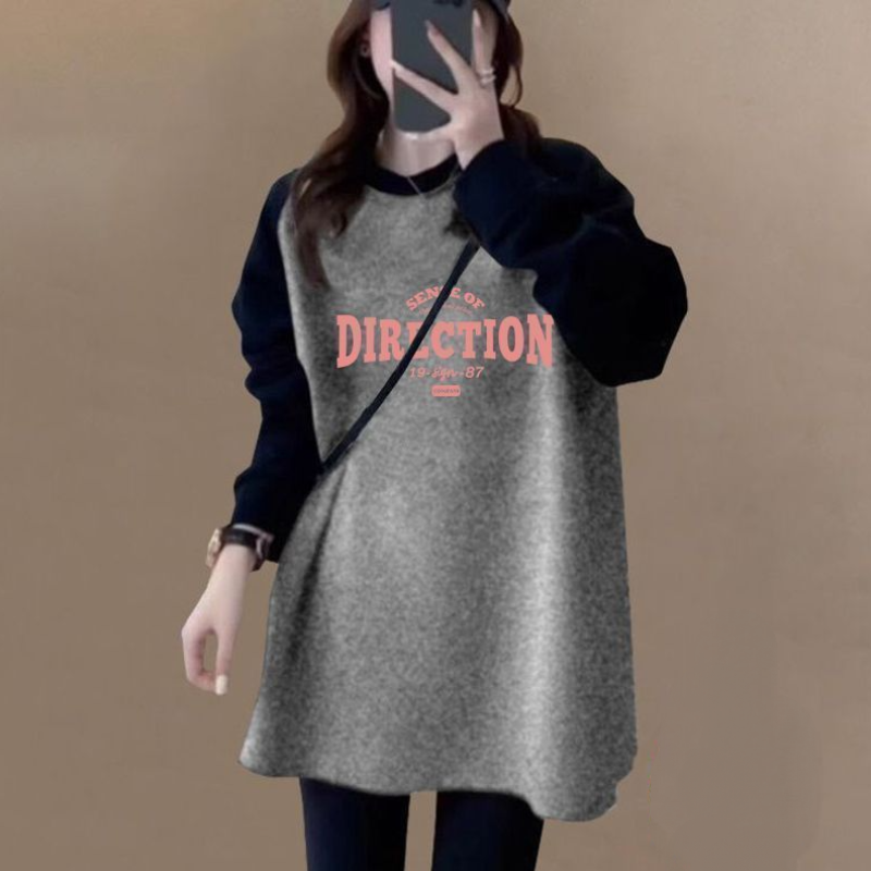 長版拼色磨毛上衣 寬鬆顯瘦 加厚保暖 搭配鯊魚褲超好看