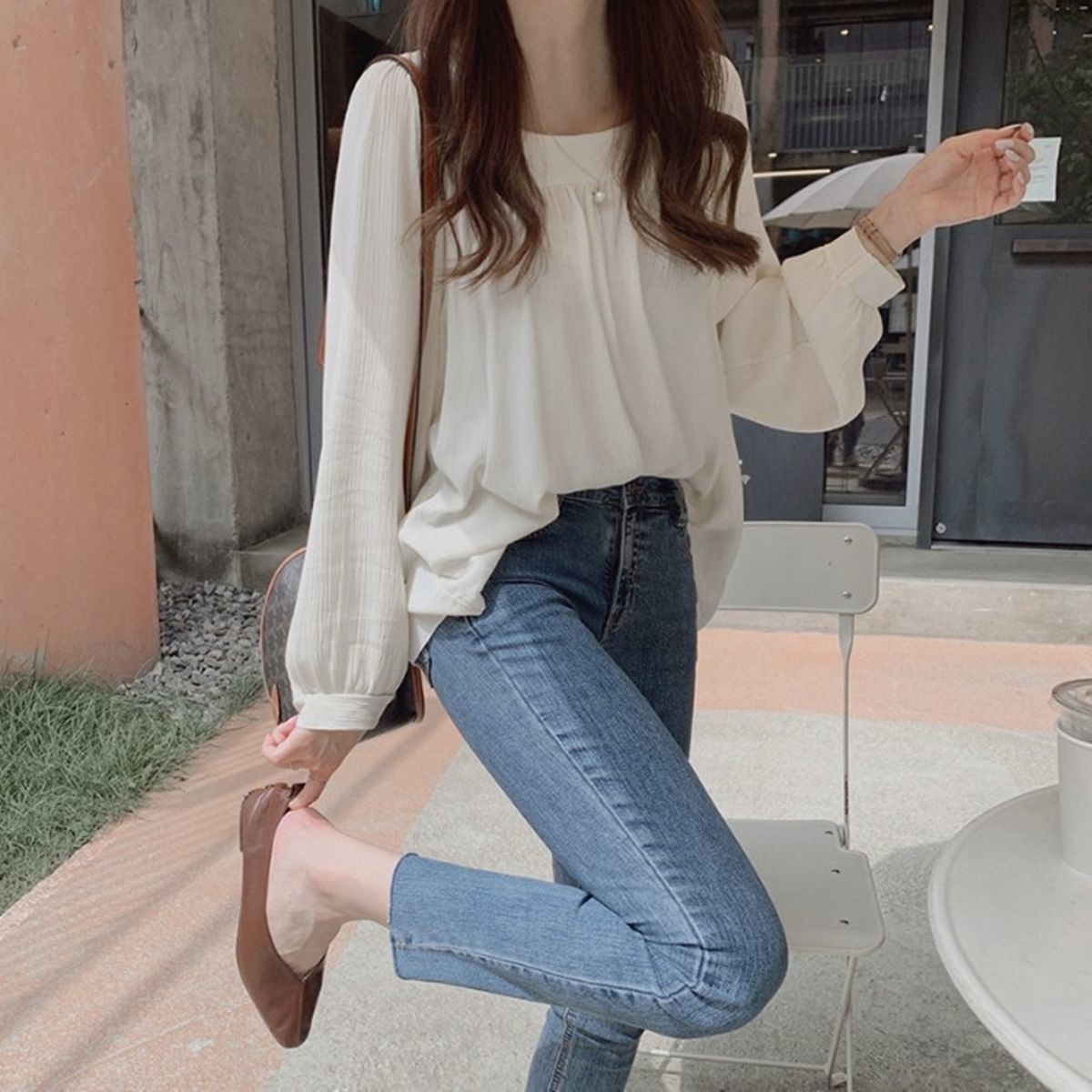 素面長袖雪紡襯衫 春夏法式方領設計感 氣質百搭上衣