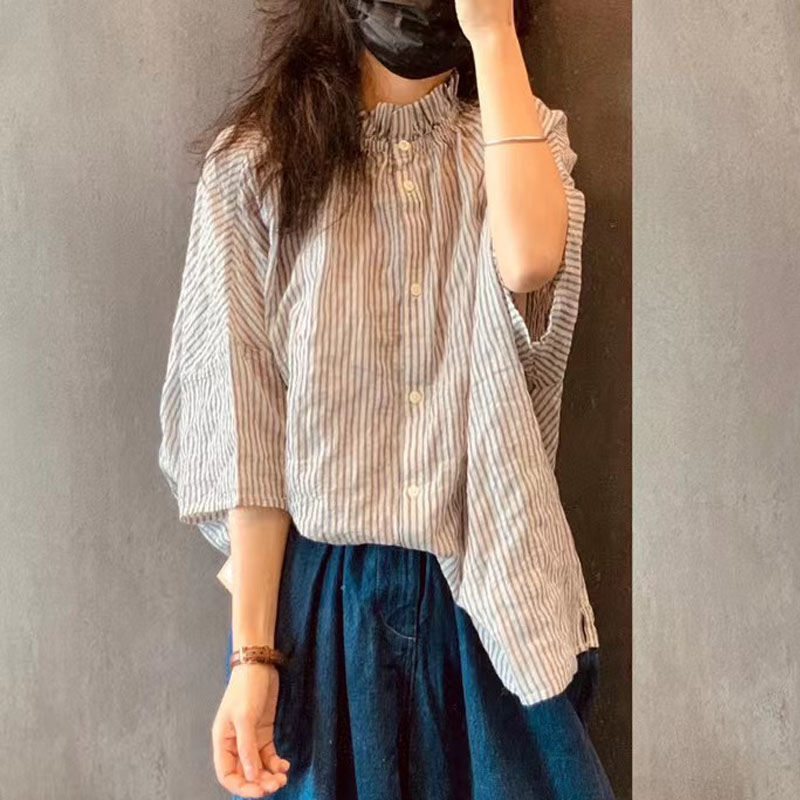 文青款​棉麻襯衫 雙面神級穿法 荷葉領文藝復古五分袖休閒上衣