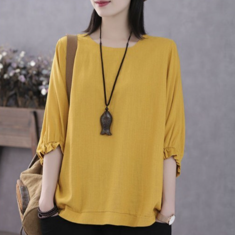 寬鬆五分袖上衣 春夏秋棉質 圓領縮口蓬袖 顯瘦百搭 外穿好搭