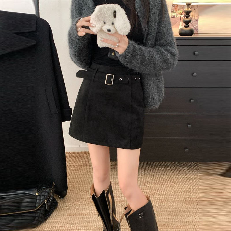 麂皮質感高腰 A 字短裙 咖啡色系 秋冬百搭款