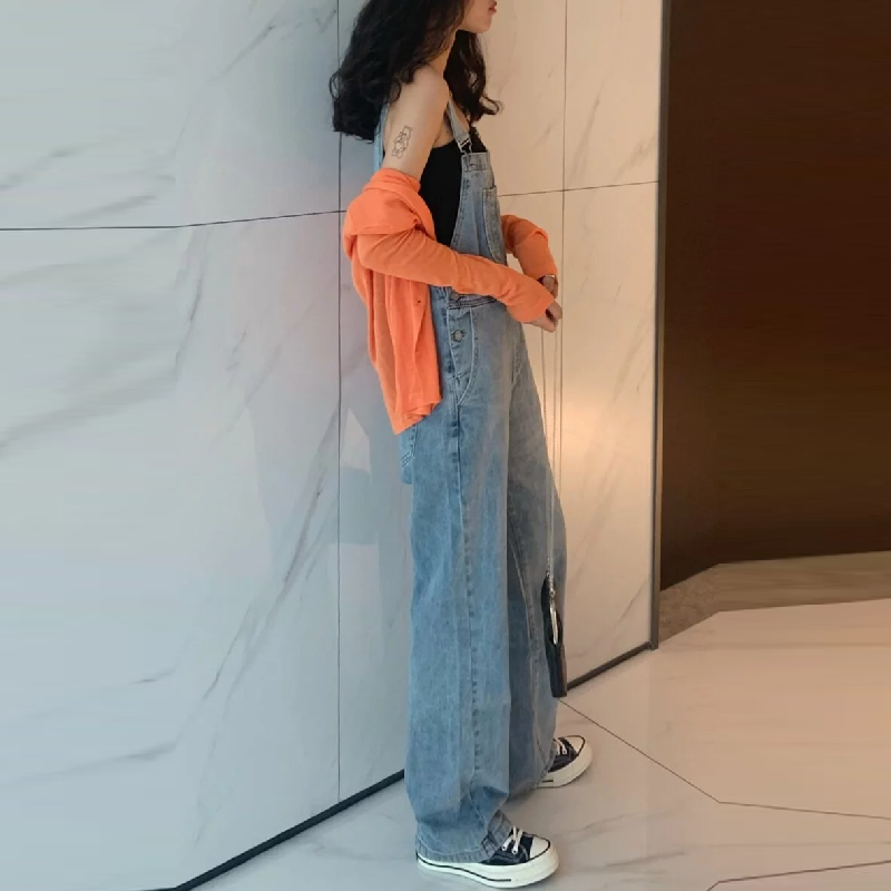 韓妞抗UV涼感牛仔吊帶褲 高腰寬褲顯腿長 夏季冷氣房工裝風背帶裙 小隻女顯高