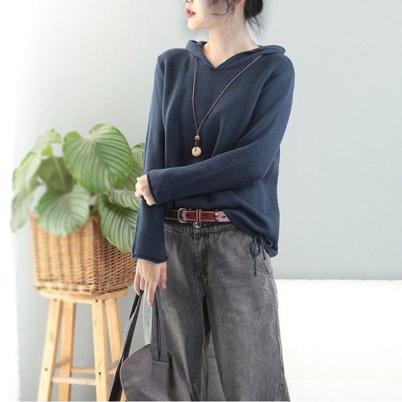 秋季寬鬆連帽針織衫 慵懶風毛衣 韓版內搭上衣