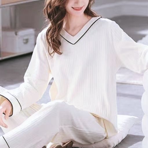 春秋款女士長袖條紋睡衣套裝清新風格家居服