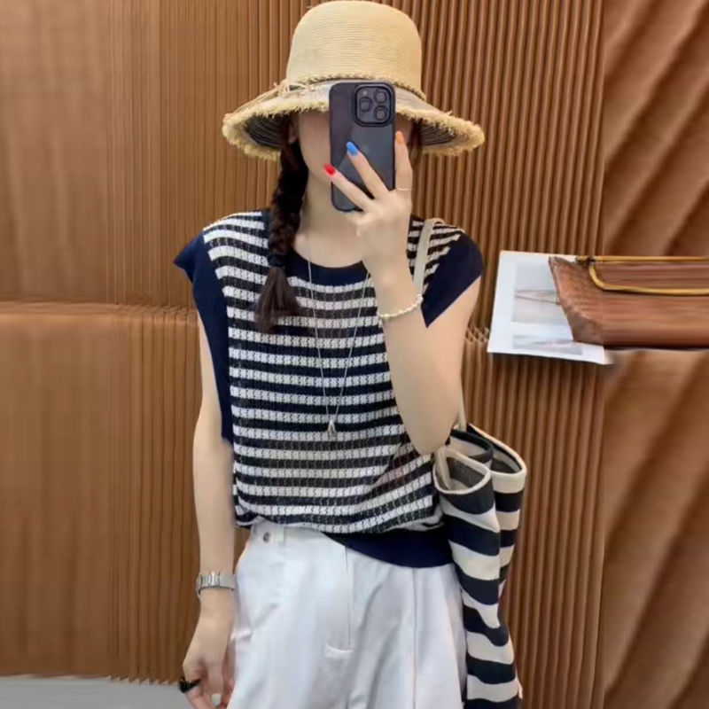 夏季冰涼針織鏤空上衣 條紋圓領小飛袖T恤 寬鬆百搭款