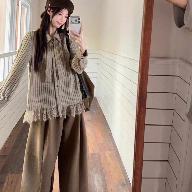 日系復古蕾絲拼接針織襯衫 寬鬆剪裁 秋冬氣質上衣