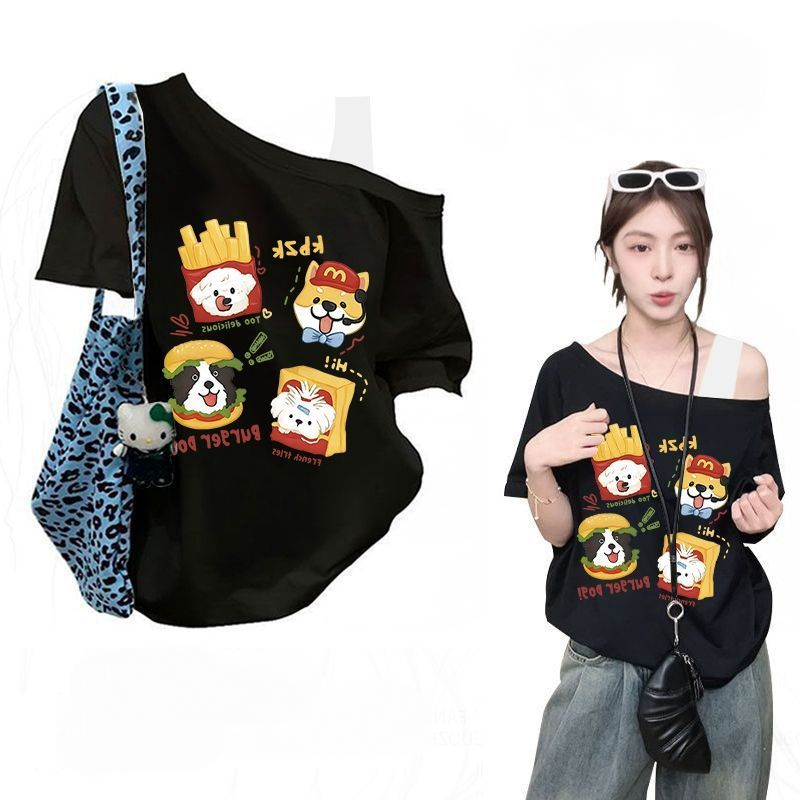 純棉復古印花斜肩假兩件短袖T恤 休閒百搭款