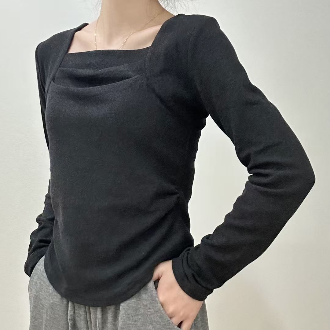 方領保暖上衣 德絨發熱材質 內刷毛 褶皺設計 收腰修身 長袖T恤