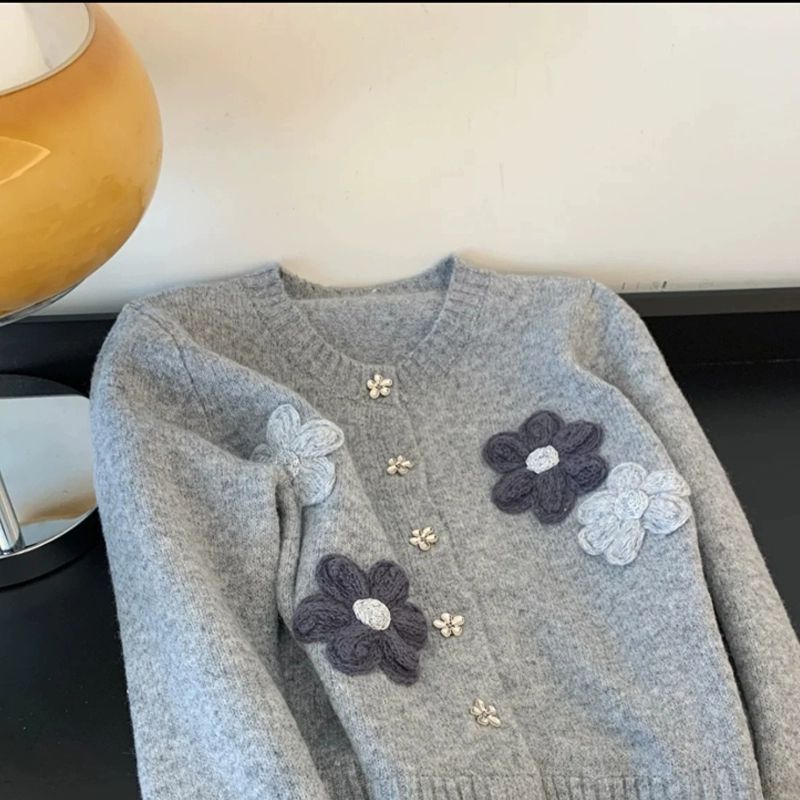 韓系立體花釘珠針織開襟外套 軟糯保暖 寬鬆好搭