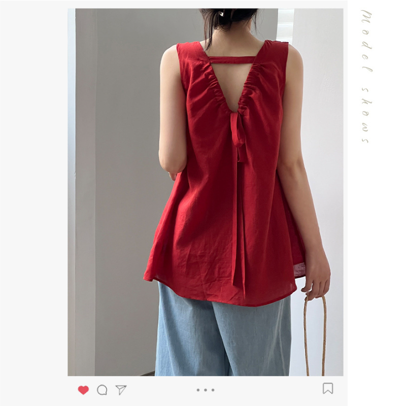 韓系後背綁帶V領無袖上衣  露背設計 輕熟法式感