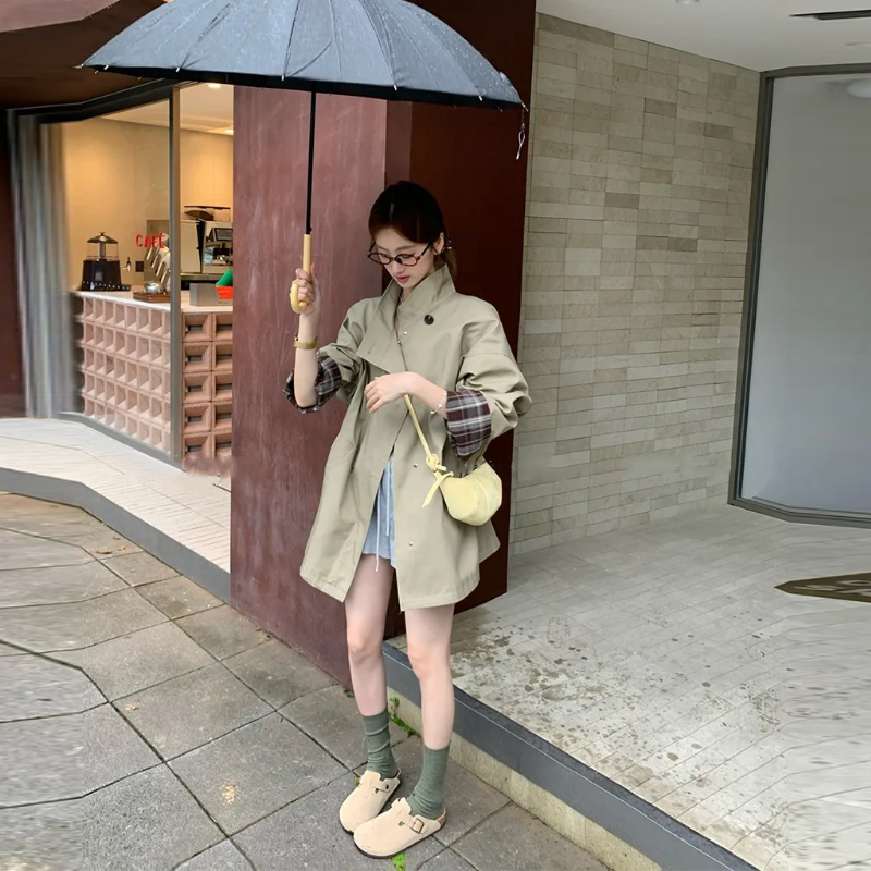 拼色英倫風長版風衣外套 寬版顯瘦 挺版設計 高級感經典款