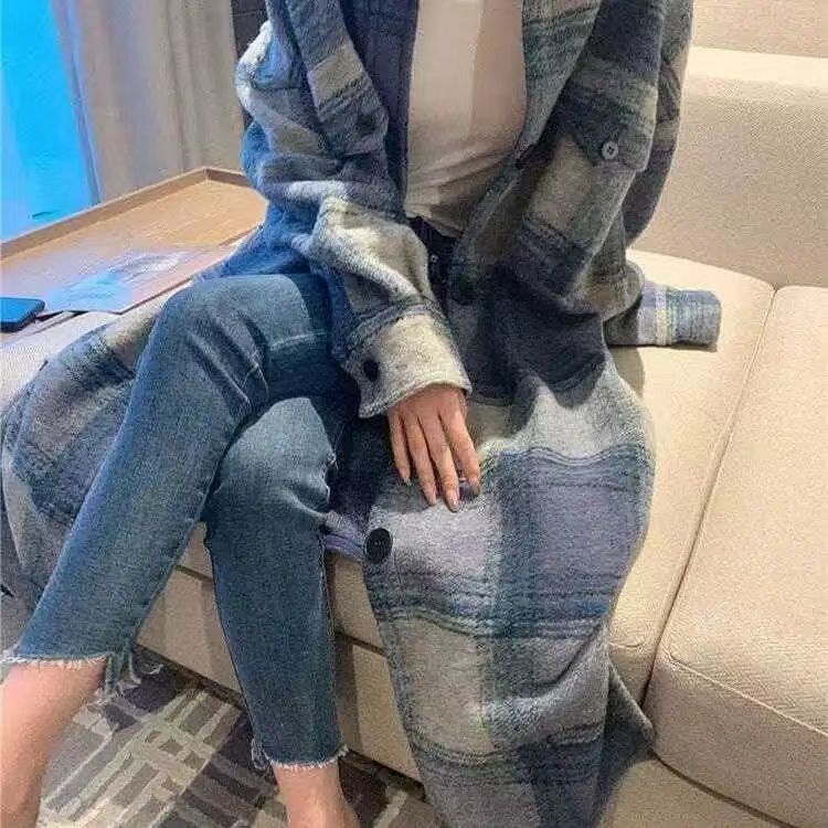 韓系． 百搭格紋外套連身裙 藍色外套高級感過膝