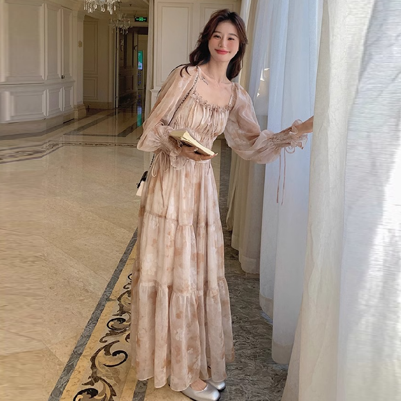 飄逸雪紡法式方領泡泡袖長洋 碎花初戀風顯瘦雪紡裙