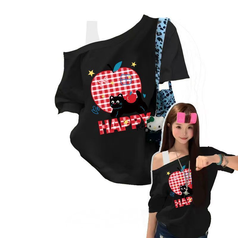 美式蘋果印花斜肩假兩件短袖T恤 寬鬆休閒百搭款