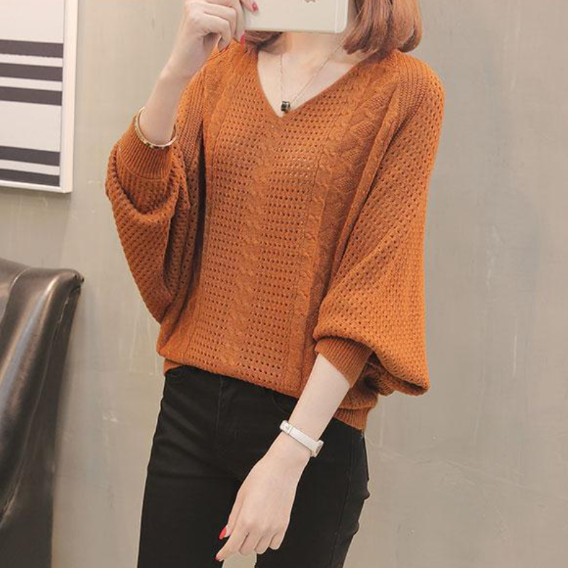 寬鬆蝙蝠袖洞洞毛衣 V 領鏤空針織上衣 韓系休閒