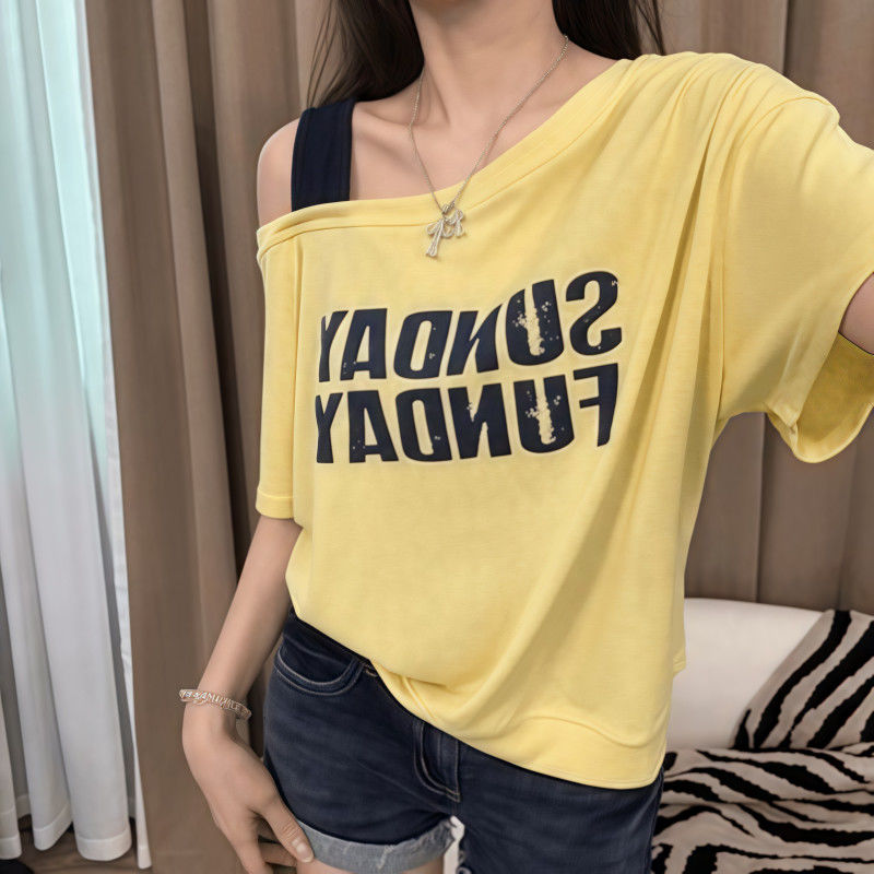 韓妞半糖T 斜肩正韓涼感Ｔ 顯瘦休閒撞色百搭款