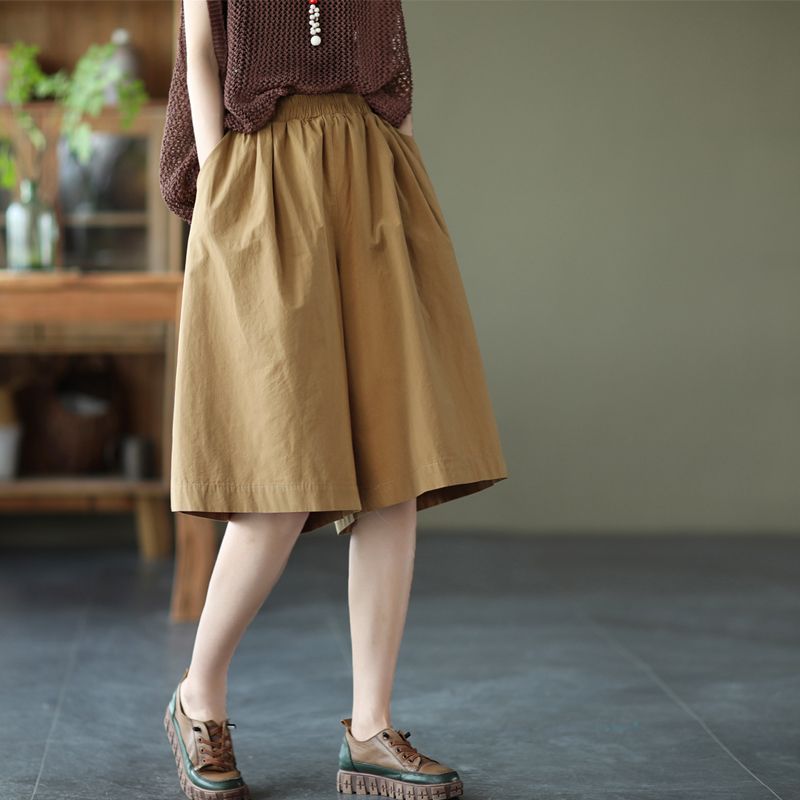 純棉寬版中長褲 鬆緊腰設計 文青休閒風