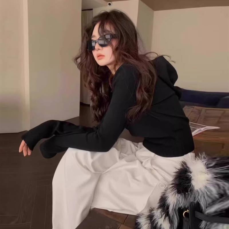 連帽針織短版上衣 5色修身 收腰顯瘦 長袖毛衣 秋季甜辣風